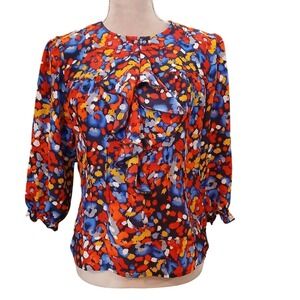 Victor Alfaro 100% Silk Abstract Floral Print Ruffle Front Blouse Women's Size 4